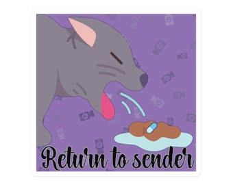 Può includere: Un gatto grigio dei cartoni animati con una lingua rosa sta vomitando una pillola blu su un mucchio di cacca marrone. Lo sfondo è viola con un motivo ripetitivo di telecamere video. Il testo "Return to sender" è nella parte inferiore dell'immagine.