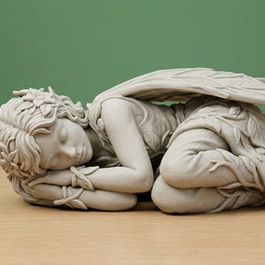 May include: A light-coloured statue of a sleeping angel with detailed wings and flowing garments. The angel is curled up, resting on a wooden surface, with a green backdrop. The statue is a decorative item.