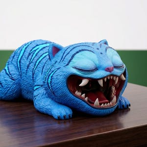 Peut inclure: Une figurine de félin bleu avec des rayures bleu foncé, les yeux fermés et une large bouche ouverte montrant des dents blanches pointues. La surface texturée du chat présente des détails de fourrure et il est en position allongée.