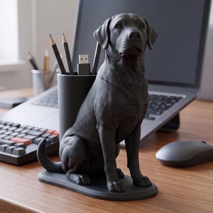 Op de afbeelding: Een matzwarte bureau-organizer in de vorm van een zittende Labrador. De hondenfiguur is bevestigd aan een cilindrische pennenhouder op de rug, waarin twee potloden en een USB-stick zitten. Het geheel staat op een ovale voet.
