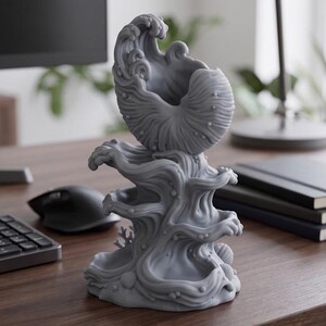 May include: A matte gray, three-dimensional sculptural object featuring a central nautilus shell form integrated with swirling ocean wave patterns. The base and mid-section display fluid, layered water textures with small spherical bubbles and shell accents.