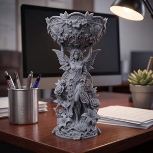 May include: A grey resin sculpture featuring a central winged figure standing amidst detailed floral carvings, including roses and lilies. The figure holds a large, ornate bowl above their head, with the entire structure resting on a circular base.