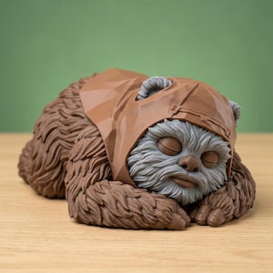 May include: A brown and grey figurine of a furry creature in a sleeping position. The creature has a textured brown hood with a geometric, faceted design covering its head and back, while its face and paws are a solid grey colour with closed eyes.
