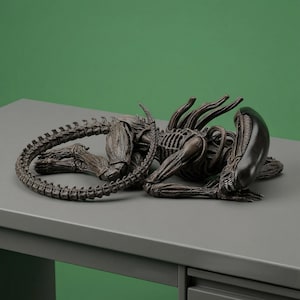 Puede incluir: Una figura de color marrón oscuro muy detallada de una criatura xenomorfa en posición reclinada. La figura presenta una cabeza lisa y alargada, un cuerpo esquelético segmentado y una cola larga y curva que se enrosca alrededor de las extremidades.