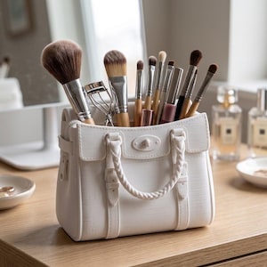 May include: A white handbag-shaped organizer filled with various makeup brushes and a metal eyelash curler. The organizer features a textured surface, braided handles, and a central turn-lock closure, providing a structured storage solution for beauty tools.