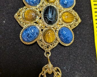 Vintage Avante Egyptian Revival Scarab Necklace – Gold-tone Sodalite, Tiger's Eye, Onyx Pendant