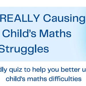Op de afbeelding: Lichtblauwe banner met de tekst "What's REALLY Causing your Child's Maths Struggles". Daaronder staat "Een ouder-vriendelijke quiz om de wiskundeproblemen van uw kind beter te begrijpen". Rechts een vierkantje met een boomafbeelding.