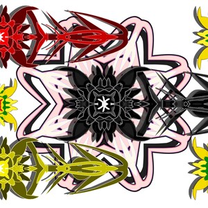 Peut inclure: Art numérique abstrait présentant des formes florales et géométriques symétriques en rouge, noir, jaune et vert sur fond blanc. Le design comprend des éléments stylisés en forme de fleurs et de flèches.