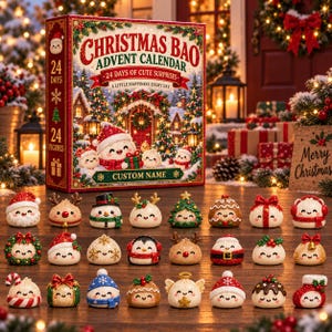 May include: A Christmas Bao advent calendar box featuring a festive winter scene with the text Christmas Bao Advent Calendar 24 Days of Cute Surprises. Below the box are 24 small, round, smiling bao-shaped figurines in various holiday costumes.