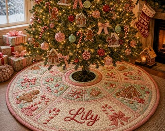 Personalized Quilted Christmas Tree Skirt, Custom Name Holiday Tree Mat, Farmhouse Xmas Decor, Christmas Tree Skirt