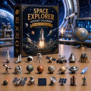 Puede incluir: Una caja de calendario de Adviento Space Explorer con un gráfico de lanzamiento de transbordador espacial y el texto 24 Days of Discovery. Frente a ella hay 24 objetos espaciales en miniatura, incluyendo planetas, un telescopio y un astronauta.