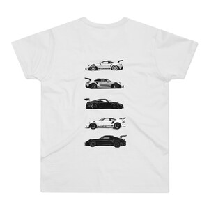 May include: White t-shirt featuring a series of five black and white illustrations of sports cars. The cars are depicted in a row, showcasing different models with spoilers and aerodynamic designs. The shirt is made of a soft, comfortable material.