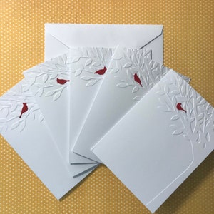 Cardinal Cards, Set of 5 White Embossed Tree Cards, Cardinal Bird Stationery Card, Red Bird Greeting Cards, Blank Note Cards & Envelopes
