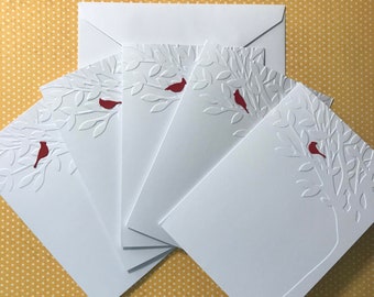 Cardinal Cards, White Embossed Tree Cards, Cardinal Bird Stationery Card, Red Bird Greeting Cards, Blank Note Cards & Envelopes