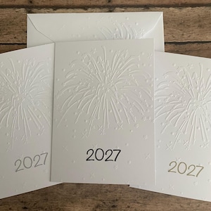 New Year's Card Set, Fireworks Card Set, White Embossed Cards, Stationery Set, Happy New Year Card Set, 2027 Blank Note Card and Envelopes