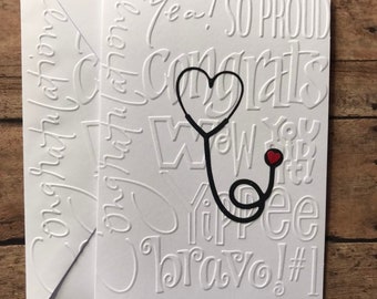 Stethoscope Congratulations Note Cards, White Embossed Cards, Cards for Nurses, Doctor, or Veterinarian Blank Note Cards & Envelopes
