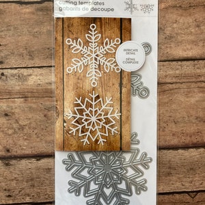 May include: A package of Moment cutting templates for paper crafts. The package contains two snowflake die cuts and a card with two white snowflake designs. The package has the text "Intricate Detail" and "Cutting Templates".