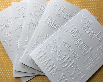 Thank You Card Set, Set of 5 White Embossed Note Cards, Stationery Set, Greeting Cards, Blank Note Cards and Envelopes