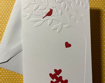 Red Cardinal Valentines Day Cards, Wedding Card, Heart Cards , White Embossed Tree Cards, Happy Valentine's Day, Blank Note Card & Envelope