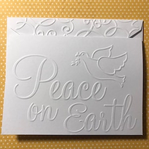 Peace On Earth Card, Dove Card,  White Embossed Cards, Stationery, Pack of 5 Greeting Cards, Holiday Cards, Christmas Cards Set, Blank Cards