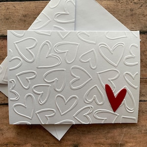 Red Heart Card, Valentine Day Card Set, White Embossed Card, Doodle Heart Embossed Card, Valentine's Day Heart Blank Note Card & Envelope