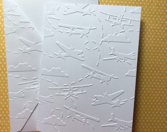 Airplane Note Cards, 5 White Embossed Card, Stationery Set, Greeting Cards, Jet Plane Card Set, Blank Note Card and Envelopes