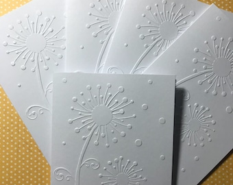 Dandelion Card Set,  White Embossed Note Cards, Greeting Cards, Stationery Set, Spring Flower Card Blank Note Cards and Envelopes