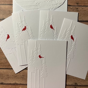 Cardinal Bird Card, Set of 5 Handmade Card Set, Greeting Cards, Sympathy Card, Valentine&#39;s , Pine Trees Embossed Blank Note Card & Envelopes
