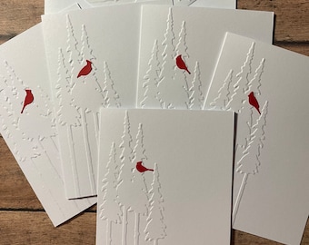 Cardinal Card, Handmade Card Set, Greeting Cards, Sympathy Card, Valentine's , Christmas Pine Trees Embossed Blank Note Card & Envelopes