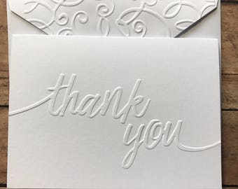 Thank You Cards, White Embossed Thank You Cards, Graduation Thank You, Wedding Thank You Cards, Script Thank You Cards, Blank Cards