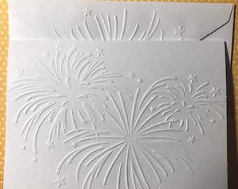 Fireworks 4th of July Note Cards & Envelopes, White Embossed Independence Day Cards, Patriotic Greeting Cards, Fourth of July