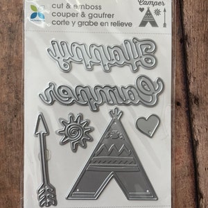 Momenta Cut & Emboss Happy Camper Die, TeePee Sun Arrow Heart Die, Set of 6 Metal Dies,  Card Making Tag Making, Scrapbooking