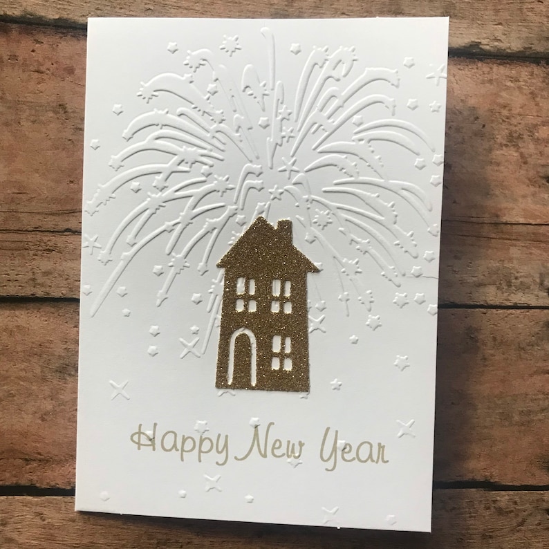New Year's Card Set Fireworks Card Set White Embossed Etsy