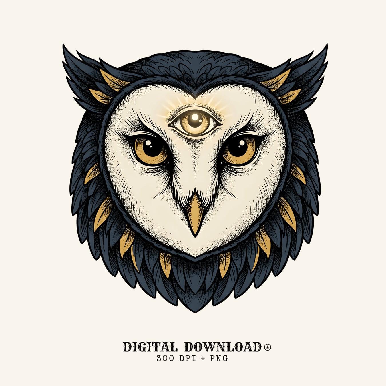 Mystical Boho Owl Face PNG: Cottagecore Spiritual Third Eye Graphic (Digital Download)