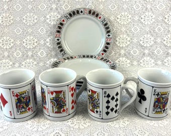 Juego de vajilla vintage de 8 piezas con diseño de naipes, platos y tazas de casino Jobar Poker.