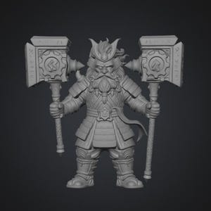 May include: A gray, unpainted miniature figurine of a stout warrior with a long beard and mustache, wearing layered armor and a helmet. The figure holds a large, heavy hammer in each hand, each featuring a prominent gear design on the side.