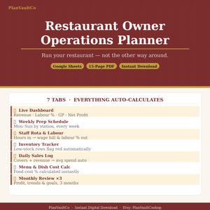 May include: A digital Restaurant Owner Operations Planner with a burgundy background. The planner includes sections for live dashboards, weekly prep schedules, staff rota, inventory tracking, and daily sales logs. The text reads "Run your restaurant - not the other way around."
