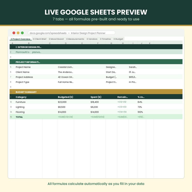 Interior Design Project Planner — Google Sheets + Printable PDF ...