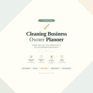以下が含まれることがあります： ほうきのアイコンとPlanvaultcoのテキストが記載された、清掃業オーナー向けのデジタルプランナー。顧客、仕事、スタッフ、備品、収入を管理するためのセクションがあり、GoogleスプレッドシートやPDFダウンロード用のアイコンも含まれています。