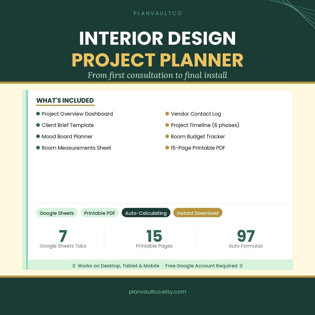 Interior Design Project Planner — Google Sheets + Printable PDF ...