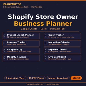 May include: A digital Shopify Store Owner Business Planner with a dark blue background. The planner includes sections for product launch, revenue, and expense tracking. It also features an order tracker, marketing calendar, and live dashboard. The planner is available for instant download.