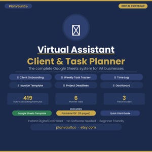 Puede incluir: Un gráfico de descarga digital azul oscuro para un sistema de Google Sheets de planificación de clientes y tareas para asistentes virtuales. Incluye funciones como seguimiento de tareas, facturas y un panel de control.