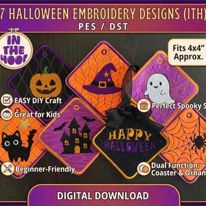 May include: A set of seven diamond-shaped Halloween embroidery designs for a 4x4 inch hoop. The stitched items feature a pumpkin, witch hat, ghost, black cat, haunted house, spider web, and a Happy Halloween tag with a black ribbon.