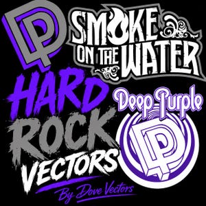 以下が含まれることがあります： 白、紫、グレーで「Smoke on the Water」、「Hard Rock Vectors」、「Deep Purple」、「By Dove Vectors」のテキストが描かれたグラフィックデザイン。画像には、スタイリッシュな文字Pのロゴと円形のパターンが含まれており、背景は無地の黒です。
