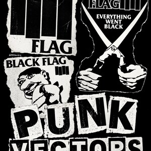 Könnte beinhalten: Ein schwarz-weißes Grafikdesign mit dem Text Black Flag, Everything Went Black, Punk Vectors und By Dove Vectors. Das Bild enthält vier vertikale Balken, eine stilisierte Illustration einer Person und eine in Händen gehaltene Schere.