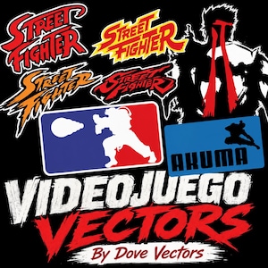 Puede incluir: Una colección de logotipos de Street Fighter en rojo, amarillo y naranja, junto a un logo deportivo de parodia con una silueta blanca de un luchador, un logo azul de Akuma y el texto VIDEOJUEGO VECTORS By Dove Vectors sobre fondo negro.