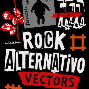 Puede incluir: Un póster gráfico negro con una rosa roja, un cuadrado gris con una silueta negra y el texto Depeche Mode Playing the Angel, banderas blancas, y el texto Violator, Spirit, Rock Alternativo, Vectors, y By Dove Vectors en blanco y rojo.