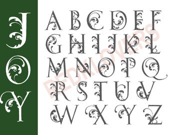 SVG Silhouette DXF holiday font vintage vitcorian retro ornate flourish alphabet for printing, graphic tshirt design files