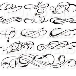 May include: A set of 10 black and white decorative flourishes, swirls, and scrolls. These ornate designs can be used for scrapbooking, card making, invitations, and other craft projects.