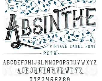May include: A vintage-style font design featuring the word "ABSINTHE" in bold, black letters with teal accents. The design includes decorative teal leaves and the text "VINTAGE LABEL FONT" and the year "2016". The full alphabet and numbers are also displayed.